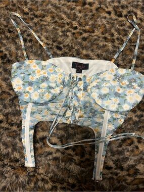 Fiesta Light Blue Floral Lace-Up Bustier Camisole